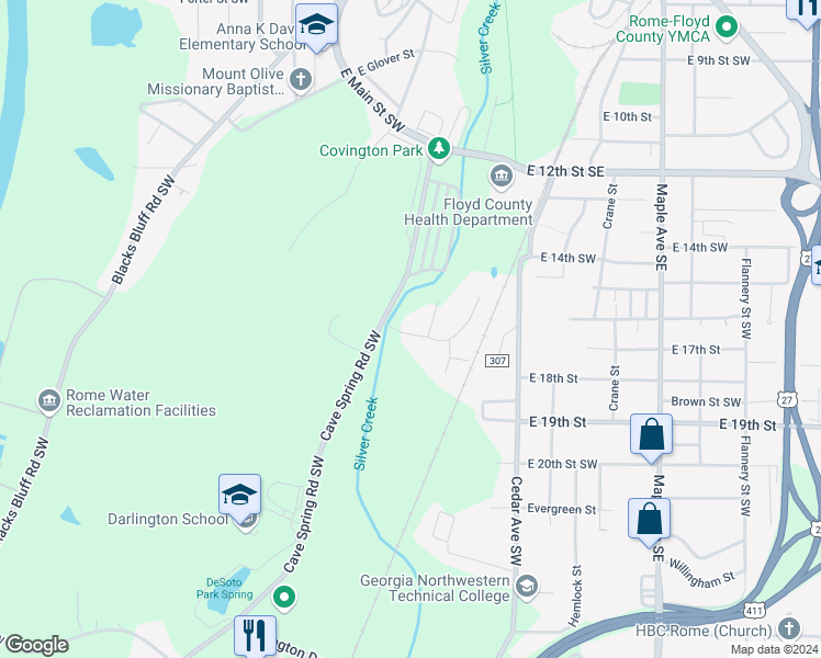 map of restaurants, bars, coffee shops, grocery stores, and more near 7 Crescent Avenue Southwest in Rome
