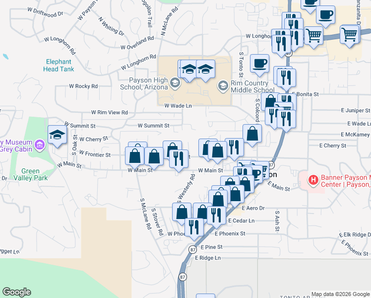 map of restaurants, bars, coffee shops, grocery stores, and more near 414 West Frontier Street in Payson