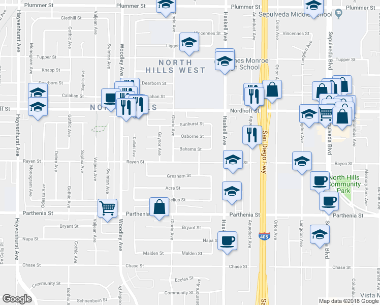 map of restaurants, bars, coffee shops, grocery stores, and more near 15920 Bahama Street in Los Angeles