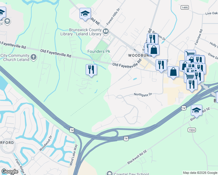 map of restaurants, bars, coffee shops, grocery stores, and more near 193 West B and South Road in Leland