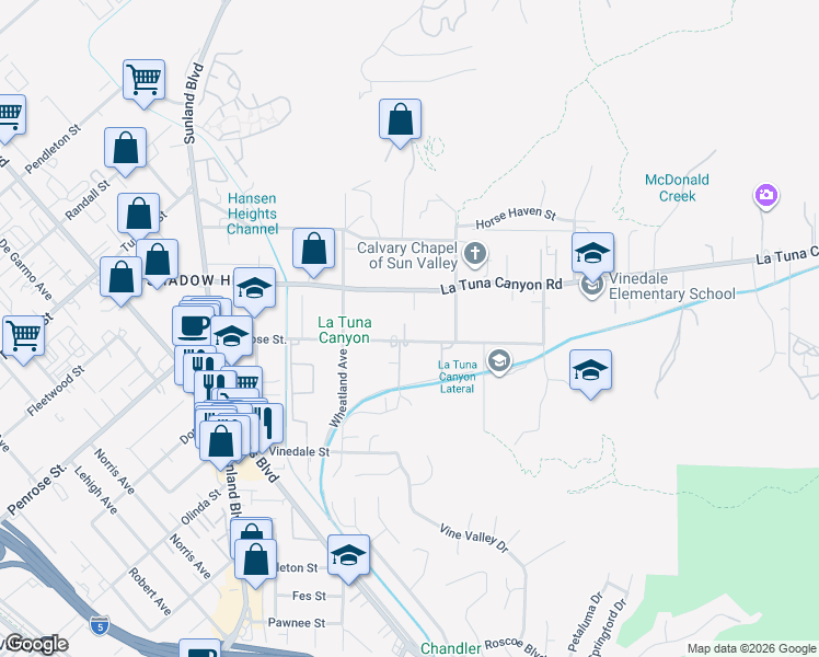 map of restaurants, bars, coffee shops, grocery stores, and more near 10448 La Tuna Canyon Road in Los Angeles