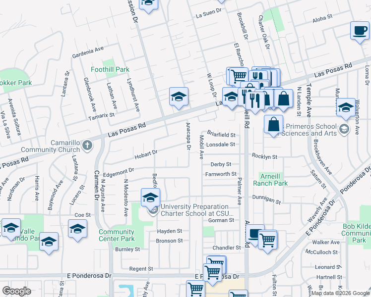 map of restaurants, bars, coffee shops, grocery stores, and more near 1525 Anacapa Drive in Camarillo
