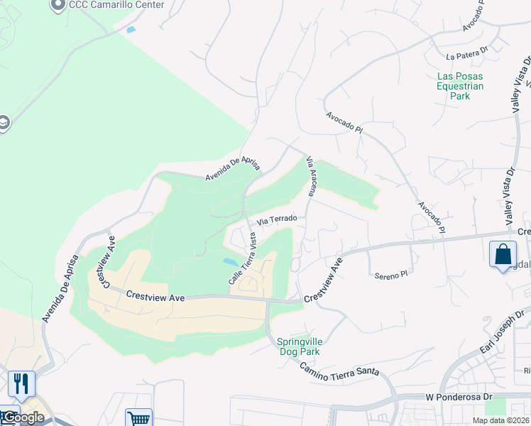 map of restaurants, bars, coffee shops, grocery stores, and more near 769 Via Terrado in Camarillo