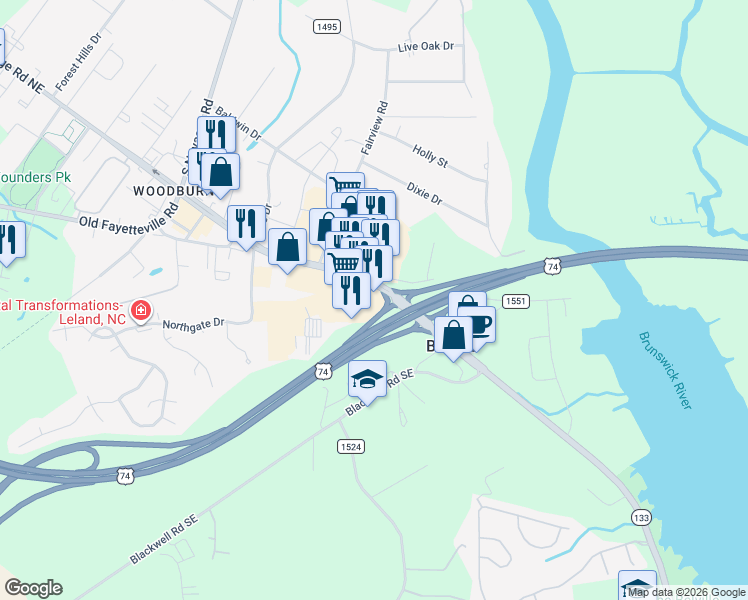 map of restaurants, bars, coffee shops, grocery stores, and more near 101 Village Road Northeast in Leland