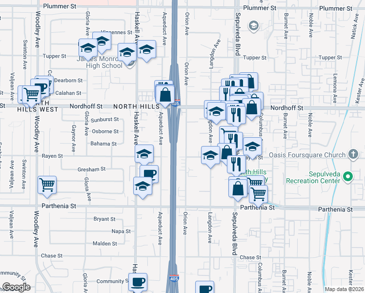 map of restaurants, bars, coffee shops, grocery stores, and more near 8923 Orion Avenue in Los Angeles