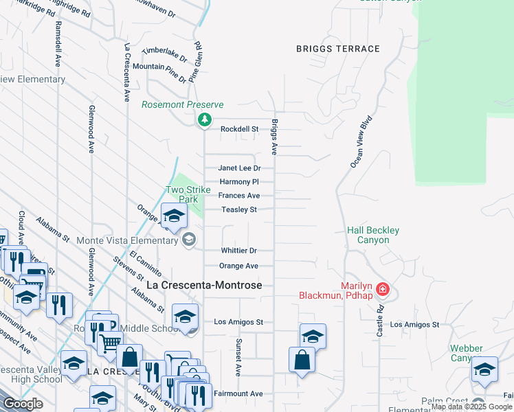 map of restaurants, bars, coffee shops, grocery stores, and more near 2425 Teasley Street in La Crescenta-Montrose