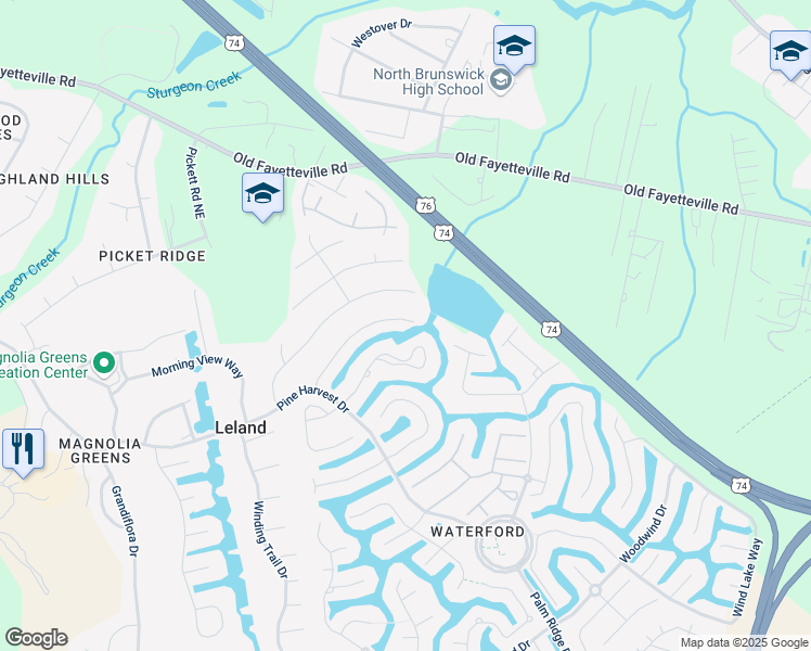 map of restaurants, bars, coffee shops, grocery stores, and more near 1146 Veranda Court in Leland