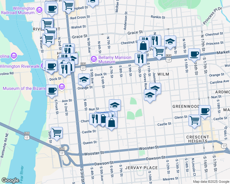 map of restaurants, bars, coffee shops, grocery stores, and more near 213 South 7th Street in Wilmington
