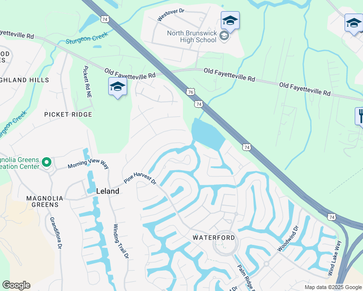map of restaurants, bars, coffee shops, grocery stores, and more near 1146 Veranda Court in Leland