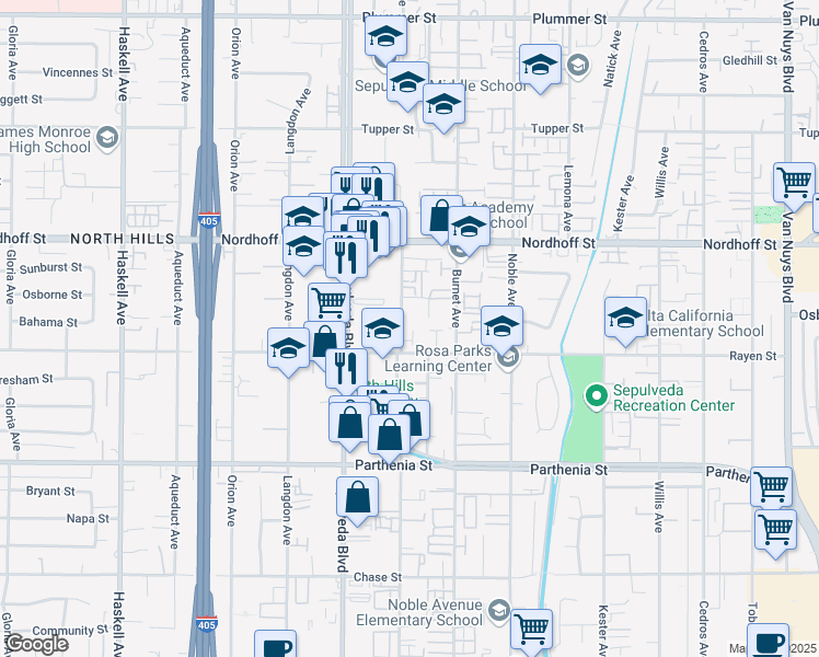 map of restaurants, bars, coffee shops, grocery stores, and more near 8931 Columbus Avenue in Los Angeles