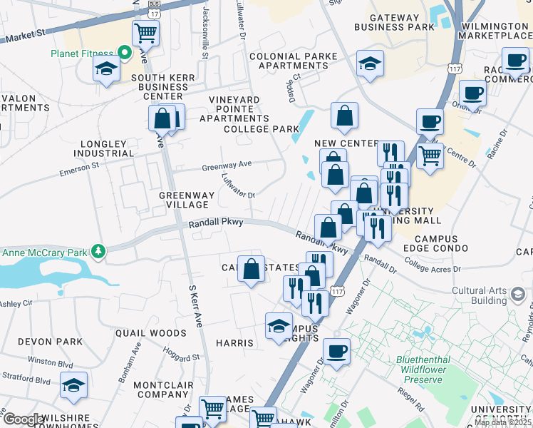 map of restaurants, bars, coffee shops, grocery stores, and more near 4801 Collegiate Drive in Wilmington
