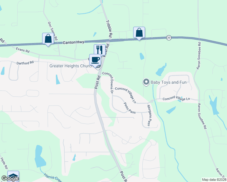 map of restaurants, bars, coffee shops, grocery stores, and more near 5170 Concord Village Lane in Cumming