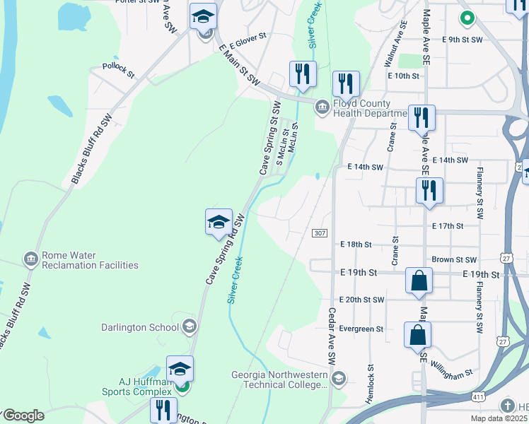 map of restaurants, bars, coffee shops, grocery stores, and more near 315 Cave Spring Street Southwest in Rome