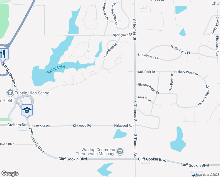 map of restaurants, bars, coffee shops, grocery stores, and more near 1702 Columbine Drive in Tupelo