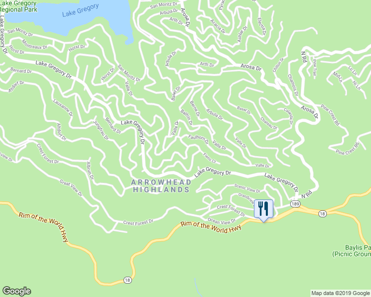 map of restaurants, bars, coffee shops, grocery stores, and more near 24886 Felsen Drive in Crestline