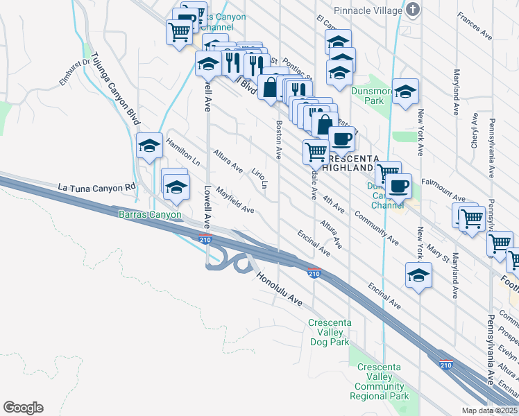 map of restaurants, bars, coffee shops, grocery stores, and more near 3849 Mayfield Avenue in Glendale