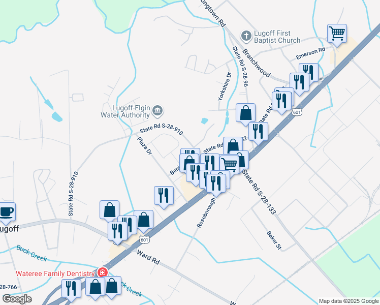 map of restaurants, bars, coffee shops, grocery stores, and more near 43 State Road S-28-910 in Lugoff