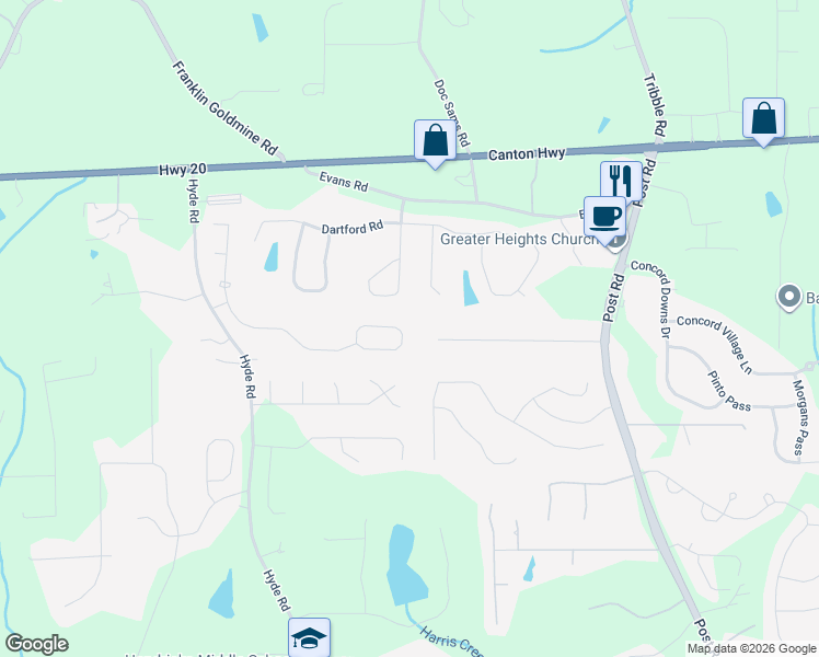 map of restaurants, bars, coffee shops, grocery stores, and more near 4940 Dawson Court in Cumming