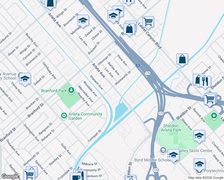 map of restaurants, bars, coffee shops, grocery stores, and more near 13040 Wentworth Street in Los Angeles