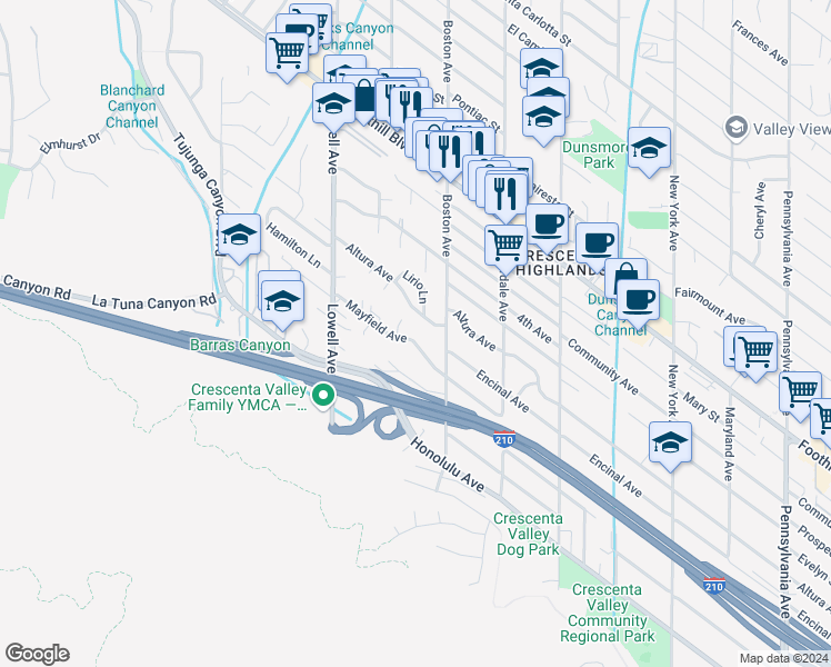 map of restaurants, bars, coffee shops, grocery stores, and more near 3849 Mayfield Avenue in Glendale