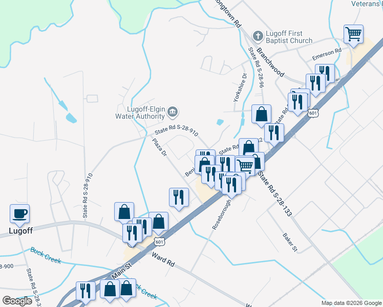 map of restaurants, bars, coffee shops, grocery stores, and more near 43 State Road S-28-910 in Lugoff