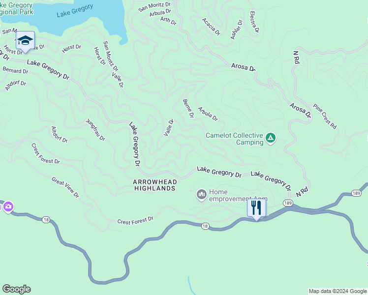 map of restaurants, bars, coffee shops, grocery stores, and more near 24882 Felsen Drive in Crestline