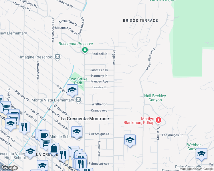 map of restaurants, bars, coffee shops, grocery stores, and more near 2425 Teasley Street in La Crescenta-Montrose