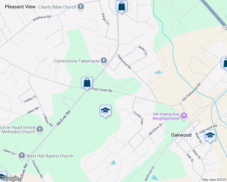 map of restaurants, bars, coffee shops, grocery stores, and more near 4087 Flat Creek Road in Oakwood