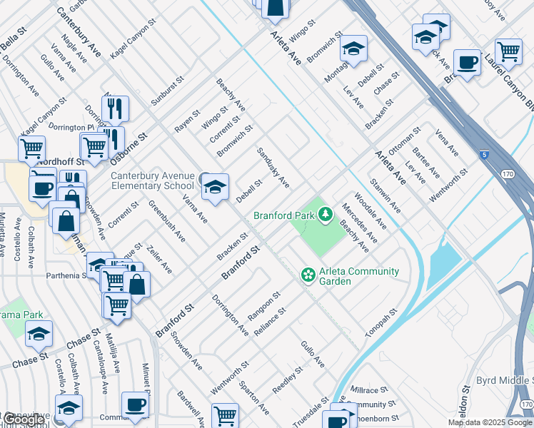 map of restaurants, bars, coffee shops, grocery stores, and more near 13506 Chase Street in Los Angeles