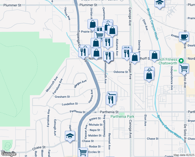 map of restaurants, bars, coffee shops, grocery stores, and more near 8946 Topanga Canyon Boulevard in Los Angeles