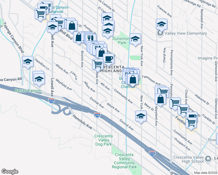 map of restaurants, bars, coffee shops, grocery stores, and more near 3611 4th Avenue in Glendale