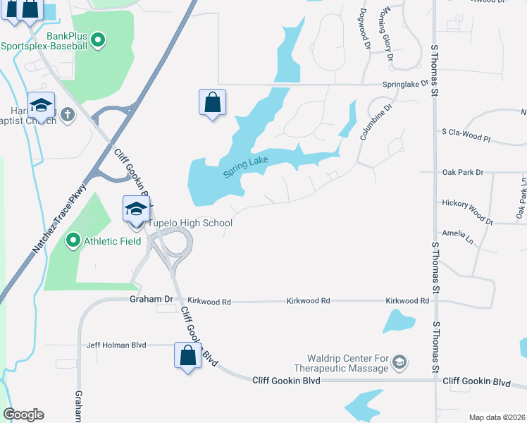 map of restaurants, bars, coffee shops, grocery stores, and more near 1976 Columbine Drive in Tupelo