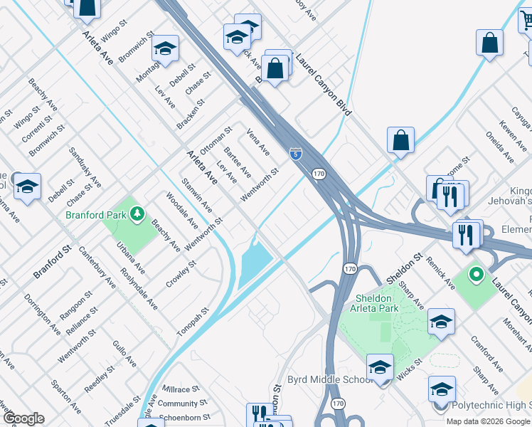 map of restaurants, bars, coffee shops, grocery stores, and more near 12954 Crowley Street in Los Angeles