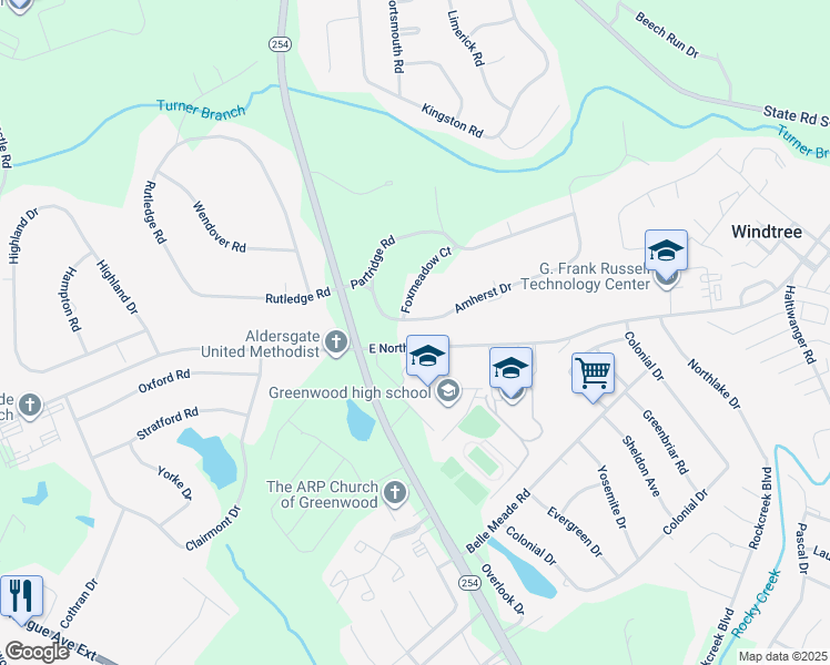 map of restaurants, bars, coffee shops, grocery stores, and more near 112 Amherst Drive in Greenwood