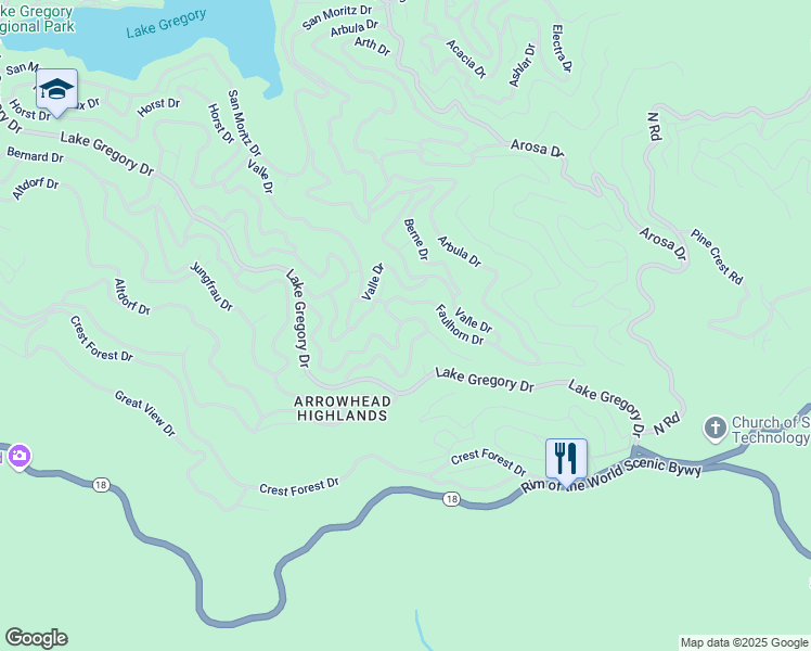 map of restaurants, bars, coffee shops, grocery stores, and more near 24882 Felsen Drive in Crestline