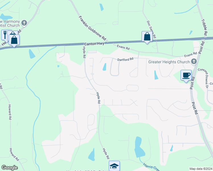 map of restaurants, bars, coffee shops, grocery stores, and more near 4630 Carver Court in Cumming