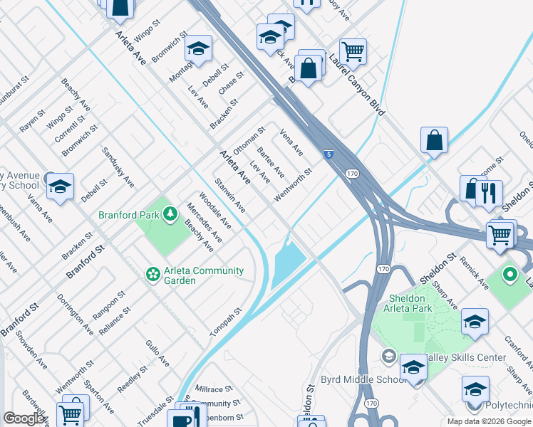 map of restaurants, bars, coffee shops, grocery stores, and more near 13040 Wentworth Street in Los Angeles