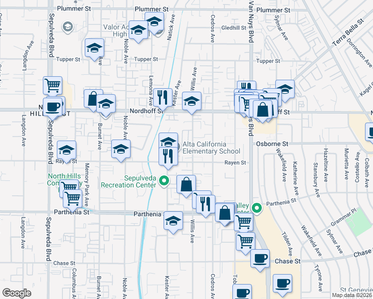 map of restaurants, bars, coffee shops, grocery stores, and more near 8933 Willis Avenue in Los Angeles