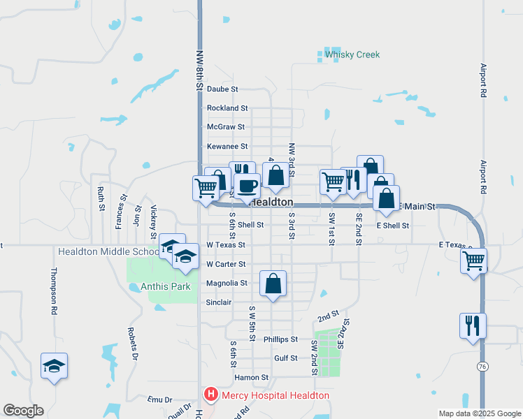 map of restaurants, bars, coffee shops, grocery stores, and more near in Healdton