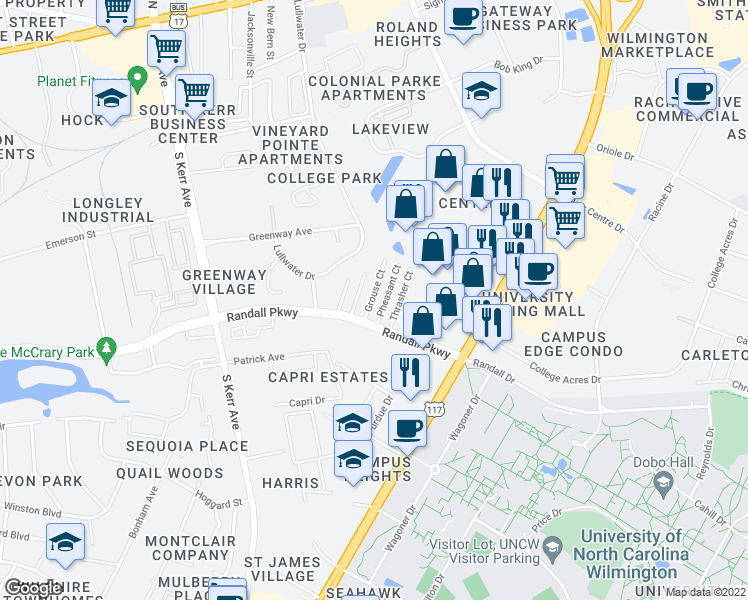 map of restaurants, bars, coffee shops, grocery stores, and more near 4901 Randall Parkway in Wilmington
