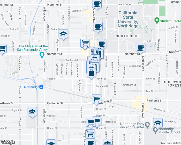 map of restaurants, bars, coffee shops, grocery stores, and more near 8940 Reseda Boulevard in Los Angeles