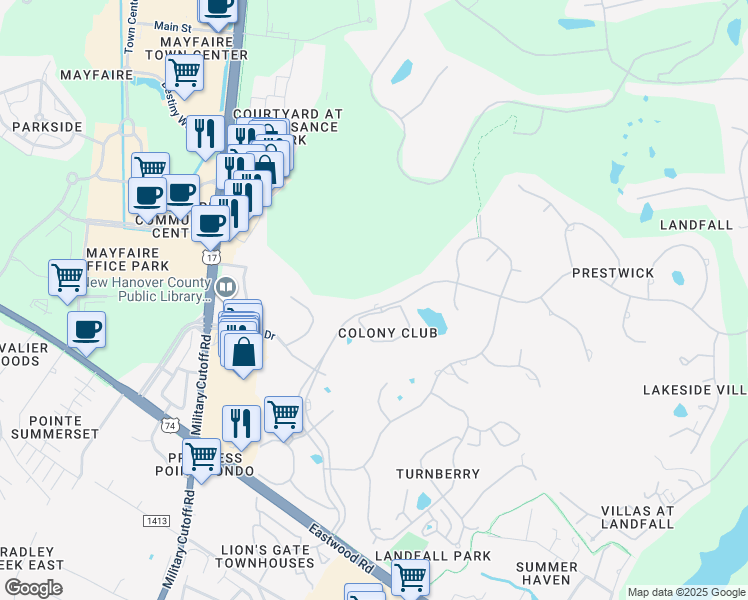 map of restaurants, bars, coffee shops, grocery stores, and more near 1736 Pembroke Jones Drive in Wilmington
