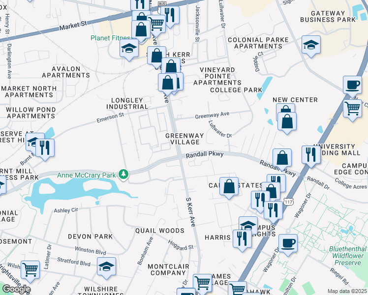 map of restaurants, bars, coffee shops, grocery stores, and more near 343 South Kerr Avenue in Wilmington