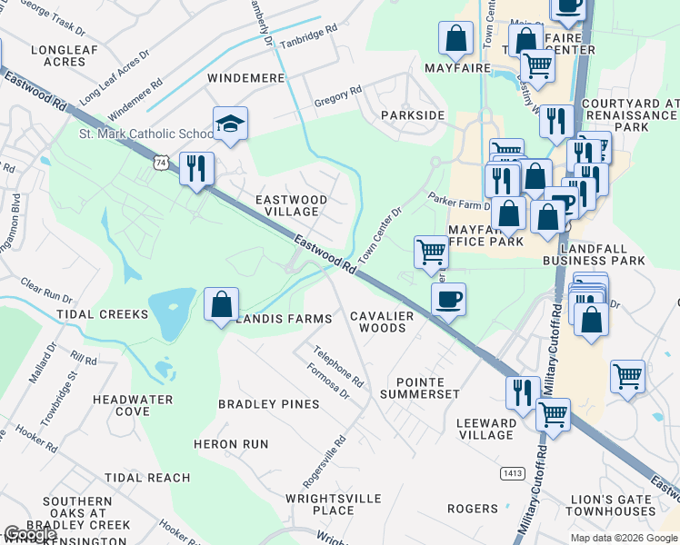 map of restaurants, bars, coffee shops, grocery stores, and more near 1414 Eastwood Road in Wilmington
