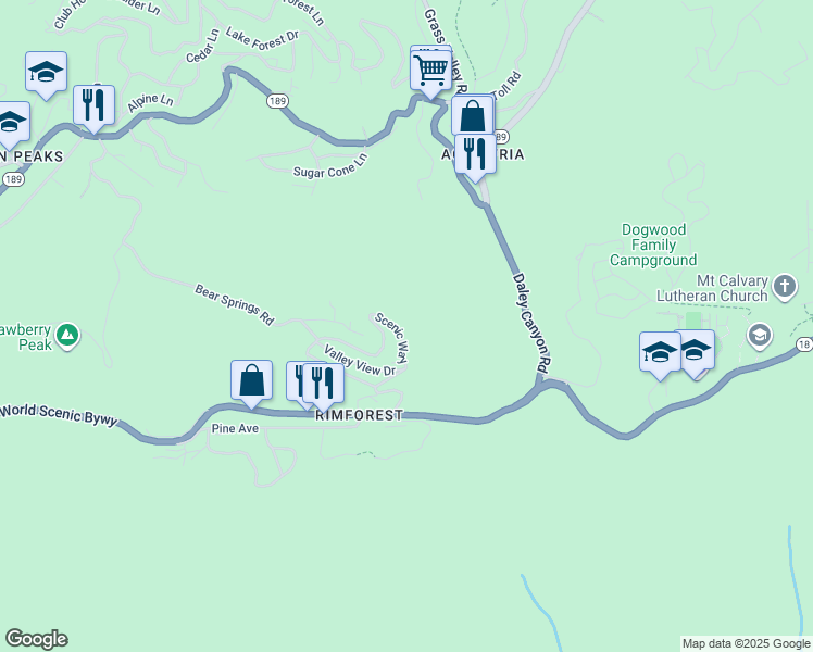 map of restaurants, bars, coffee shops, grocery stores, and more near 1177 Scenic Way in Rimforest