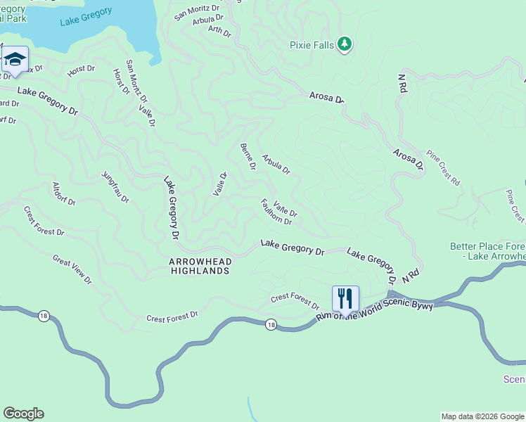 map of restaurants, bars, coffee shops, grocery stores, and more near 24941 Faulhorn Drive in Crestline
