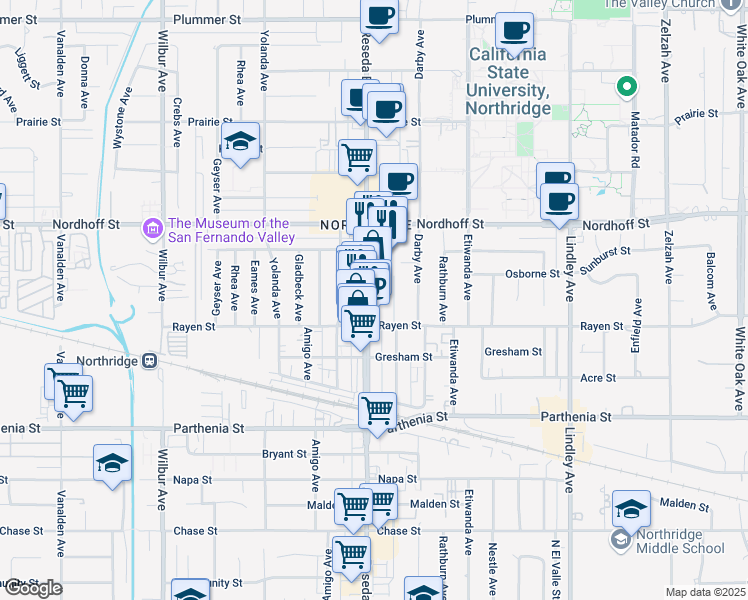 map of restaurants, bars, coffee shops, grocery stores, and more near 8940 Reseda Boulevard in Los Angeles