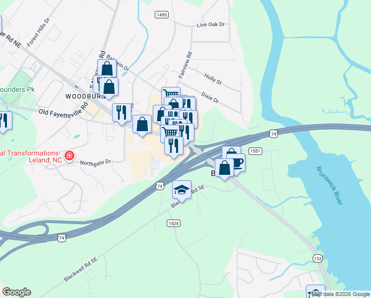 map of restaurants, bars, coffee shops, grocery stores, and more near 101 Village Road Northeast in Leland