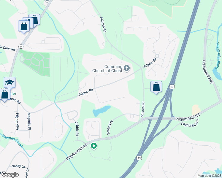 map of restaurants, bars, coffee shops, grocery stores, and more near 1920 Pilgrim Road in Cumming
