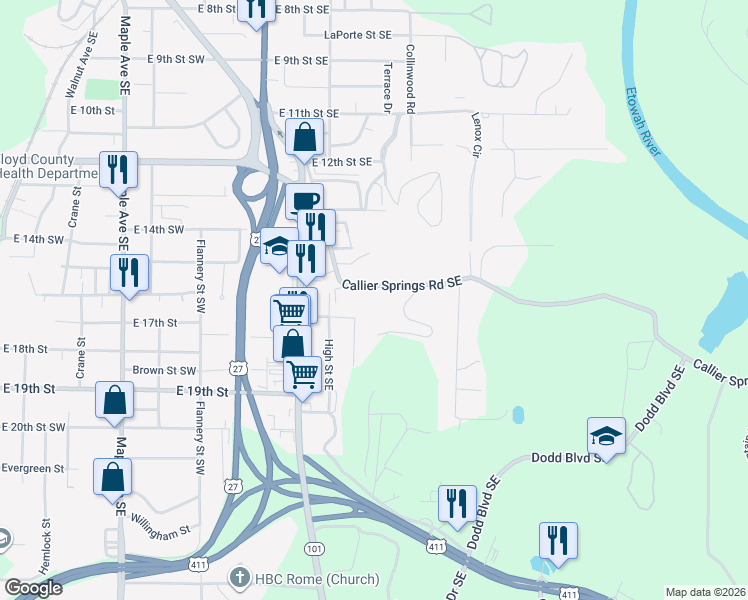 map of restaurants, bars, coffee shops, grocery stores, and more near 2516 Callier Springs Road Southeast in Rome